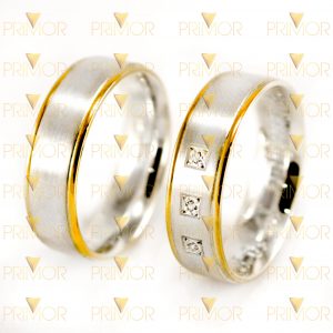 Aliança em Prata Acetinado com Detalhe em Ouro e Zircônias PT008