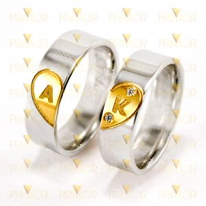 Aliança em Prata com Coração em Ouro Amarelo e Zircônias PT009