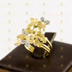Anel em ouro formato de flores e borboletas com 6 diamantes AN003