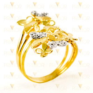 Anel de ouro formato de flores e borboletas com 6 diamantes AN003