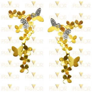 Brinco em ouro com flores e borboletas estilizadas e 8 pedras BR054