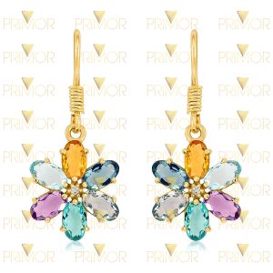 Brinco em ouro formato de flor com mix de pedras coloridas BR041