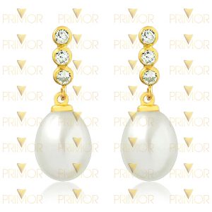 Brinco em ouro formato de pêndulo com pérola e pedras BR015