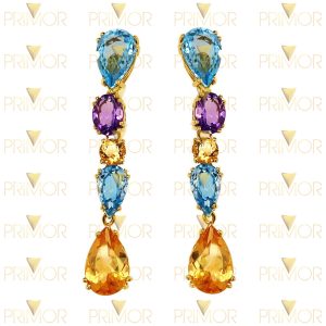 Brinco em ouro tipo pêndulo com pedras ovais e gotas brasileiras BR036