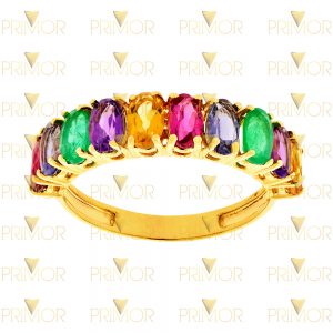 Meia aliança em ouro com 10 pedras ovais coloridas MA013