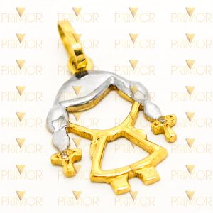 Pingente em ouro vazado de boneca menina com 2 diamantes PG013